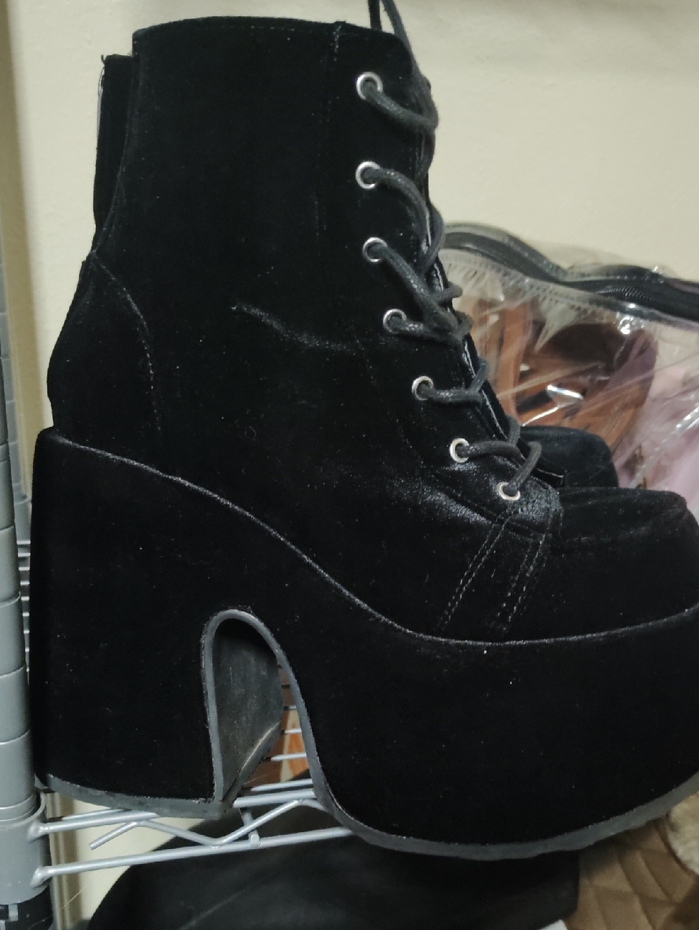 Demonia Black Velvet Platform Lace-Up Ankle Boots